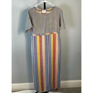 Vintage 100% Linen Maxi Dress Boho Colorful Coastal, Cottagecore Small